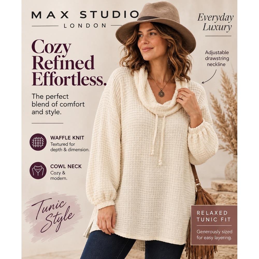 NEW Max Studio Ivory Waffle Knit Cowl Neck Long Sleeve Tunic Top 3X MSRP $98
